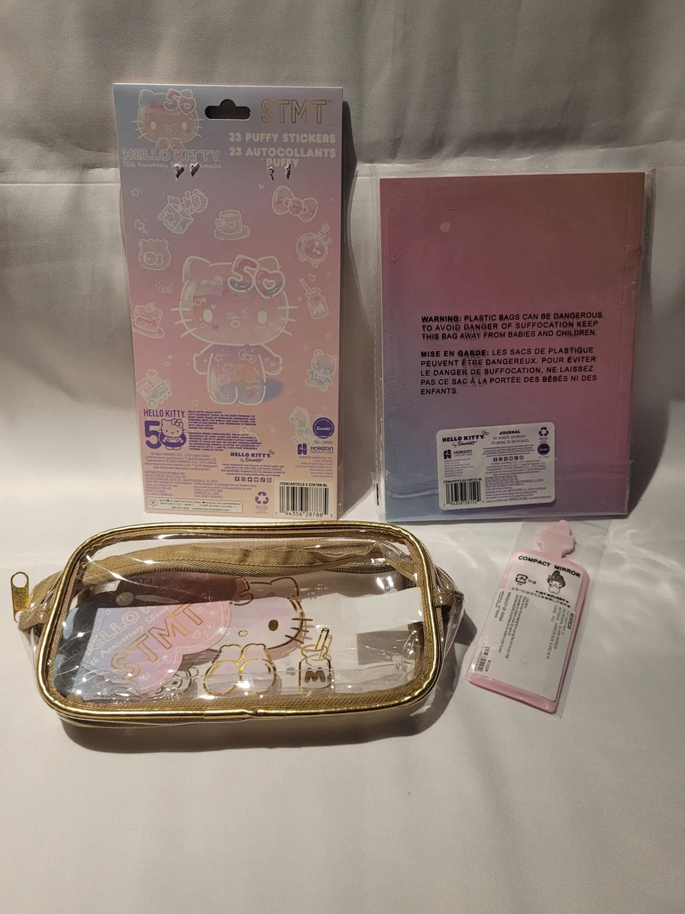NWT Hello Kitty x Studio Oh! 50th Gold Clear Cosmetic Pouch w/ Stationery Set